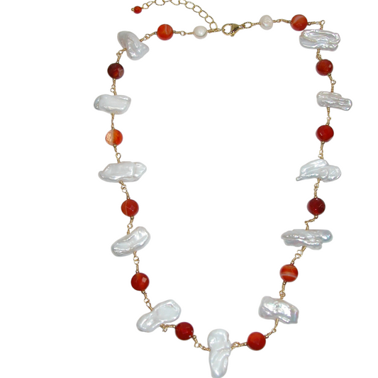N5614 Carnelian Freshwater Pearl Wrapped Wire Necklace