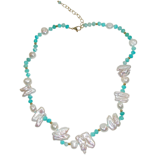 N5613 Pearl Amazonite Faceted Gem Necklace