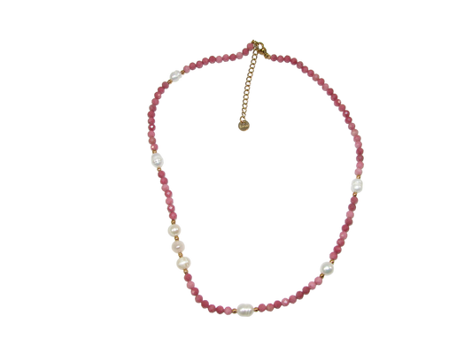 Rhodonite Bead Pearl Gold Bead Choker Necklace GF3614