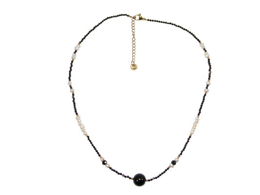 Faceted Black Bead Pearl Gold Bead Choker Necklace GF3613