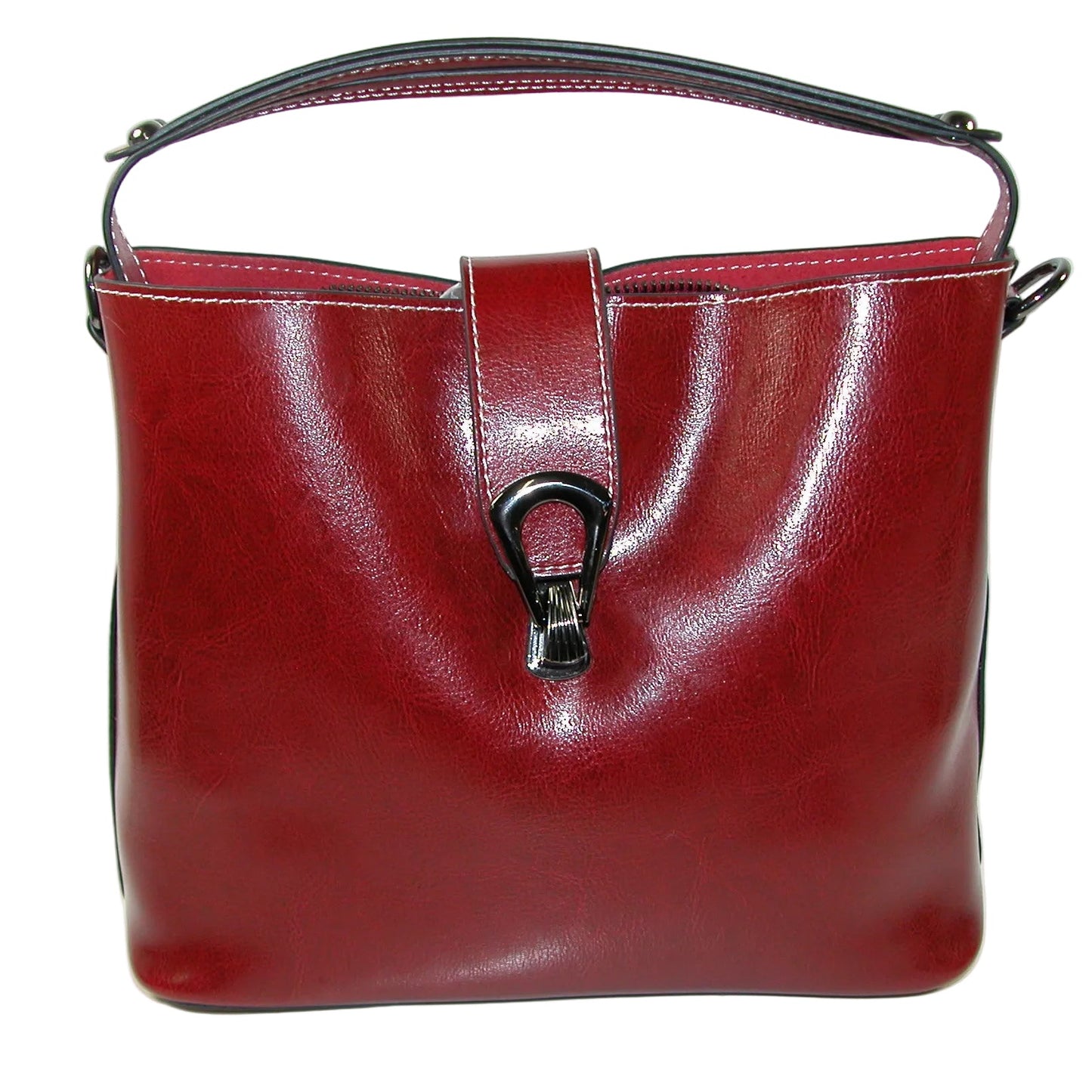 A glossy burgundy leather handbag with a top handle and a black metal clasp closure, set against a plain white background.