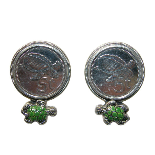 31527 Hand Enamel Turtle Coin Sterling Silver Earrings