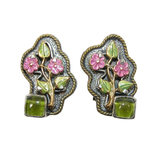 Peridot Enamel Flower Sterling Silver Earrings