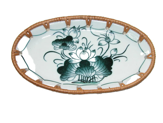 Oval Porcelain Trinket Tray with Rattan Edging GF4990 Lotus