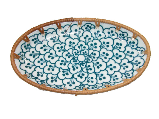 Oval Porcelain Trinket Tray with Rattan Edging GF4991 Blue and White