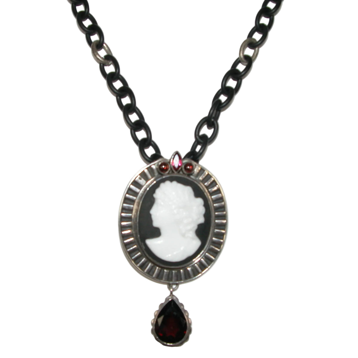 4115 Hand-Carved Cameo Necklace on a Matte Black Chain