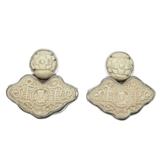 40249 Hand Carved Cream Colored Cinnabar Sterling Silver Earring