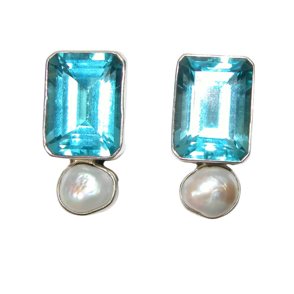 40268 Blue Topaz Faceted Freshwater Pearl Sterling Silver Earring