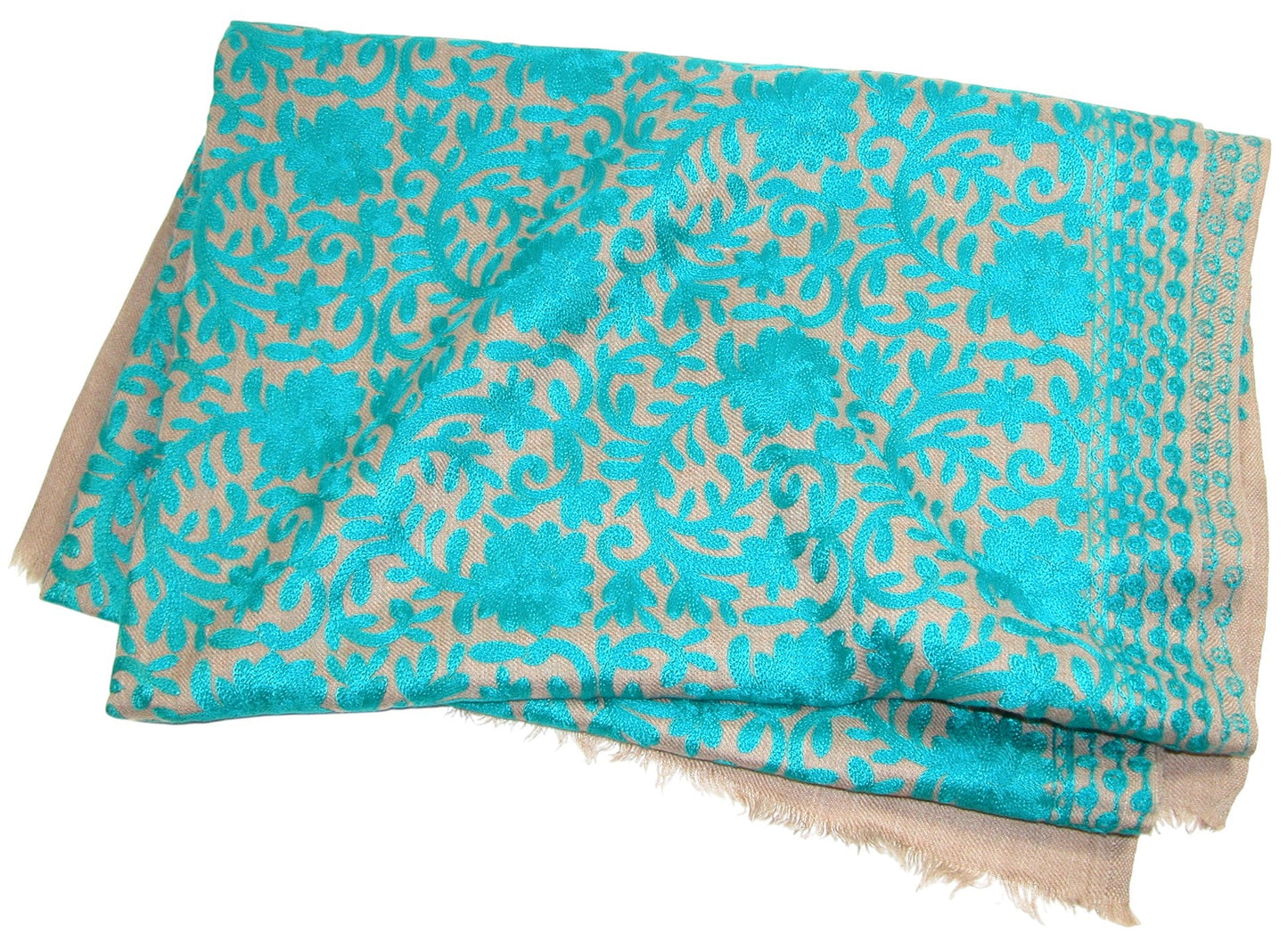 Embroidered Turquoise Cream Pashmina Shawl Scarf GF3753