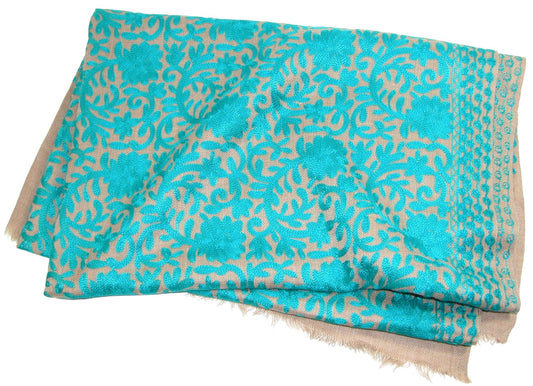 Embroidered Turquoise Cream Pashmina Shawl Scarf GF3753
