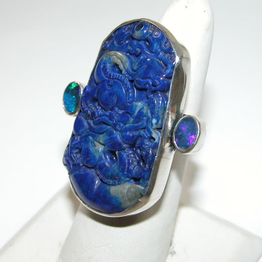 40219 Carved Lapis Dragon Sterling Silver Opal Ring