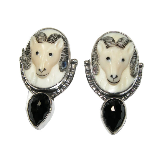 40244 Vintage Carved Ram Black Onyx Sterling Silver Earring