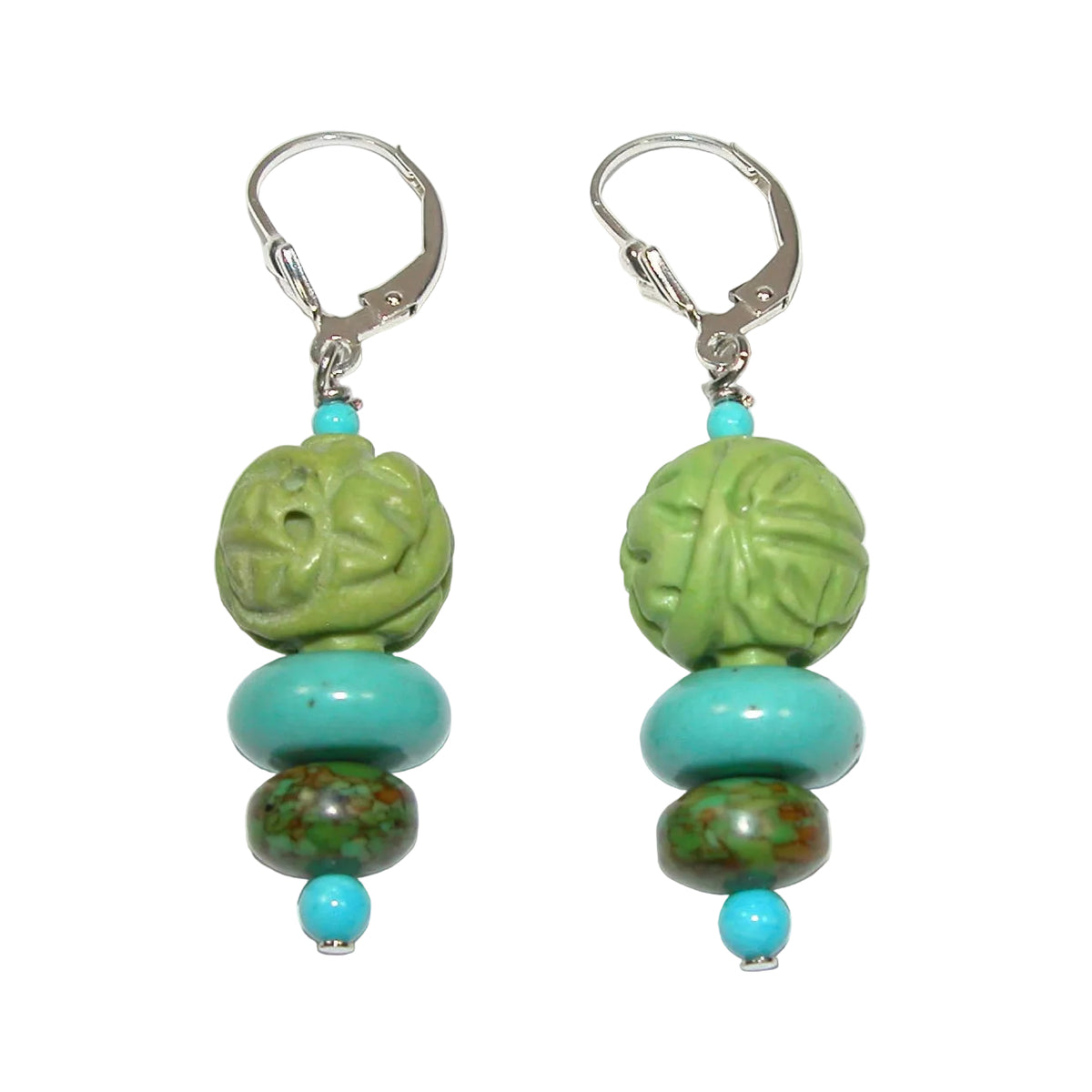 40278 Carved Turquoise Sterling Silver Lever Back Earring