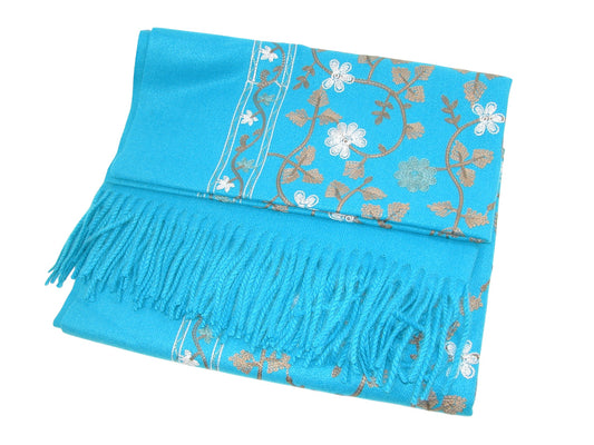 Embroidered Leaf Shawl Scarf GF3794 Turquoise