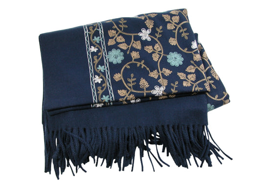 Embroidered Leaf Shawl Scarf GF3798 Navy