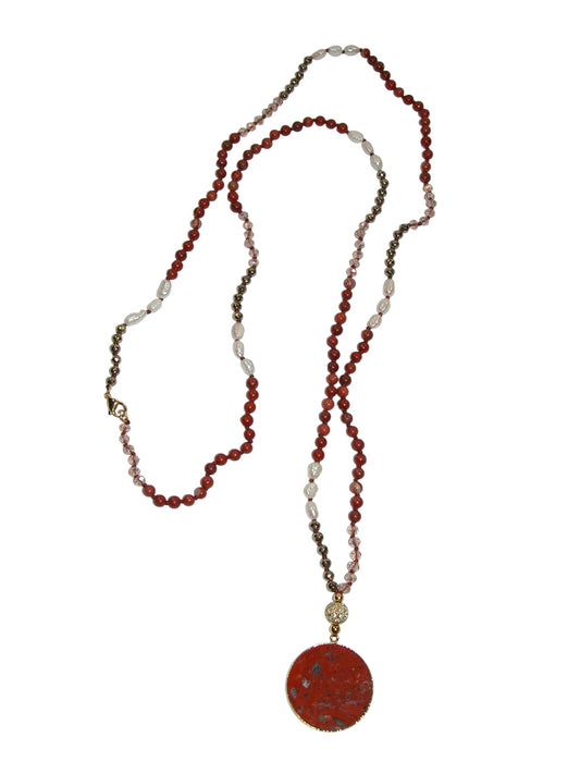 N5569 Jasper Pendant with Freshwater Pearls and Pyrite