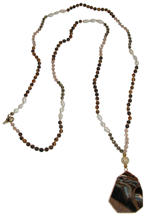 N5574 Tiger Eye Pendant Pearl Long Necklace