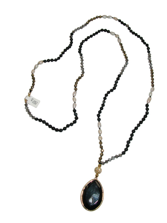 N5578 Black Agate Onyx Freshwater Pearl Long Necklace