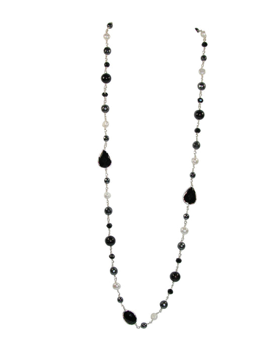 N5581 Black Onyx Hematite Pearl Jointed Necklace