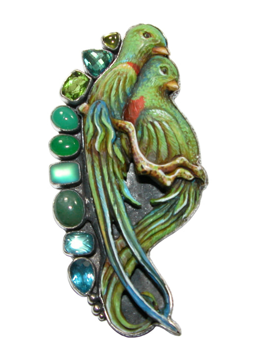 34422 Carved Bird Gemstone Sterling Silver Pin Pendant