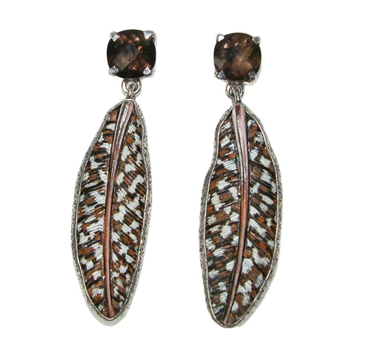32676 Hand Carved Bone and Smokey Quartz Feather Earrings