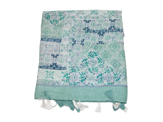 Cotton Scarf With Tassels GF3952 Green and Blues