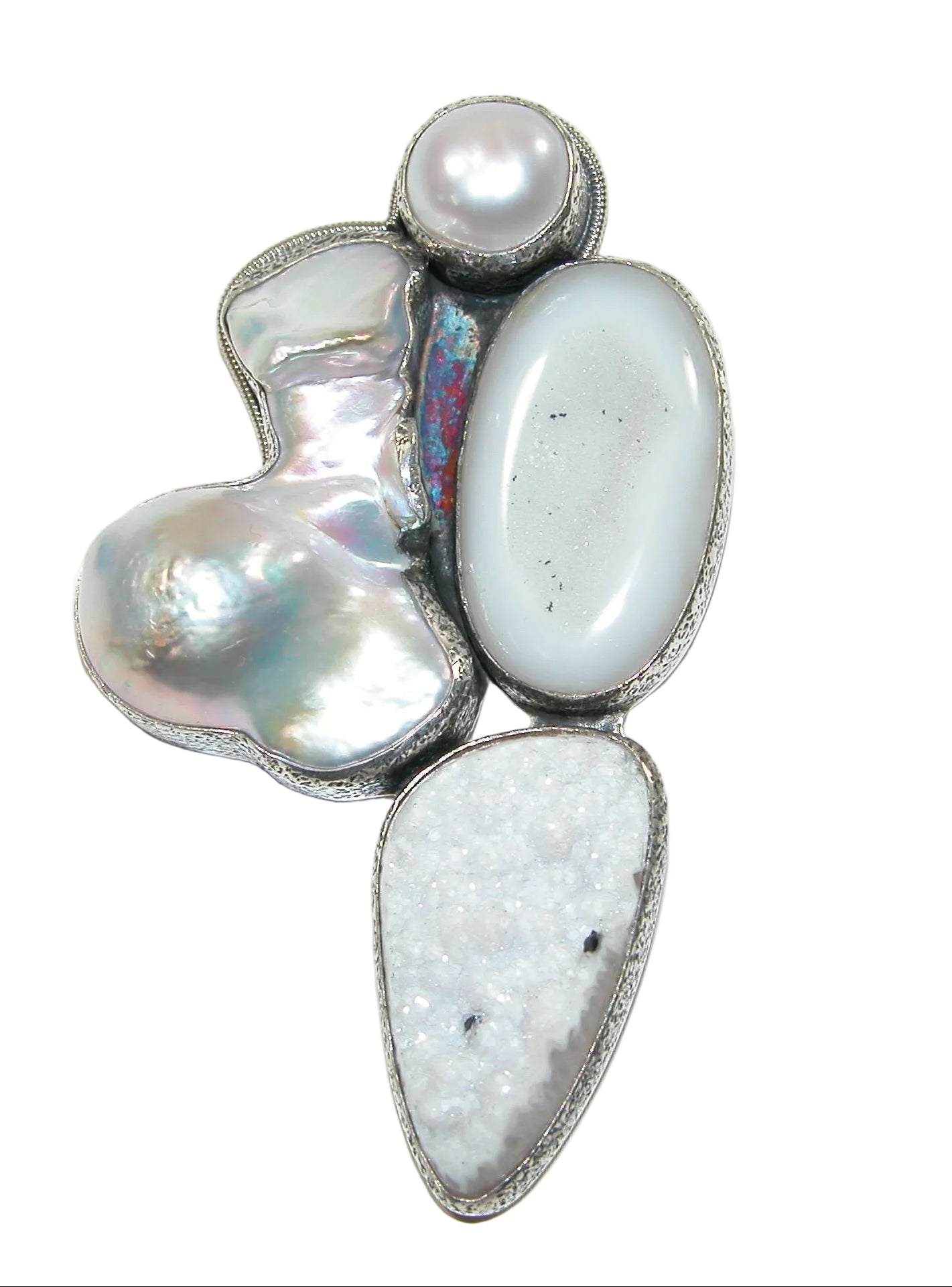 34509 Freshwater Pearl Drusy Agate Sterling Silver Pin Pendant