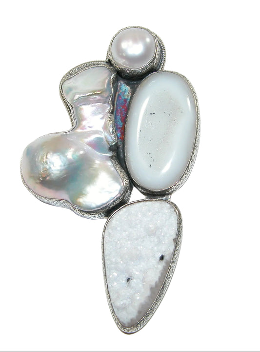 34509 Freshwater Pearl Drusy Agate Sterling Silver Pin Pendant