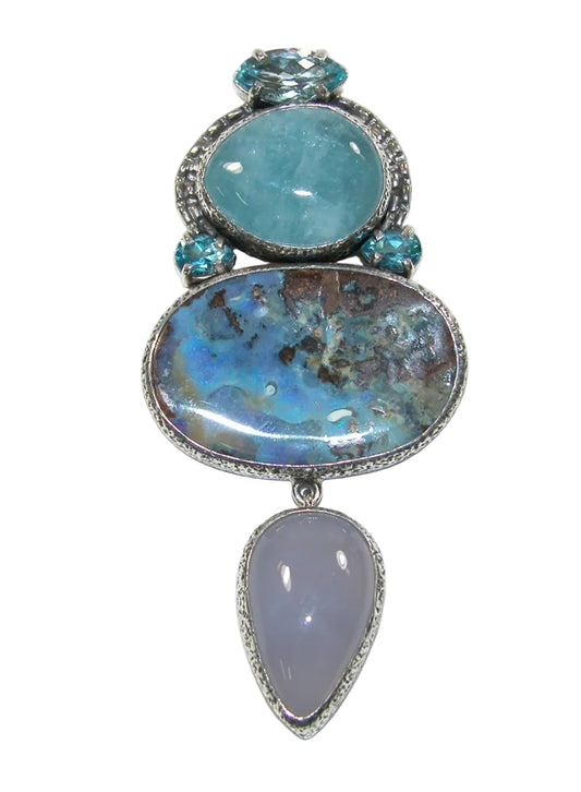 34512 Aquamarine with Boulder Opal Blue Topaz Sterling Silver Pin Pendant