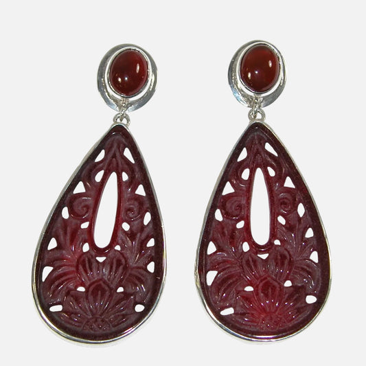 34478 Carved Red Agate Carnelian Sterling Silver Earrings