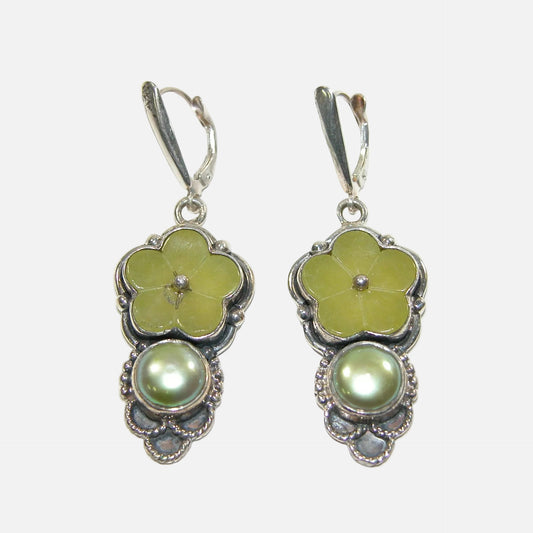 34538 Carved Serpentine Jade Flower Sterling Silver Earring