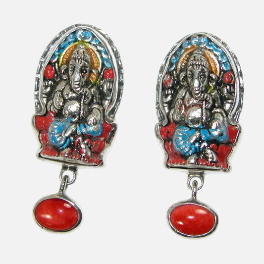 34451A Enameled Ganesh Coral Sterling Silver Earring