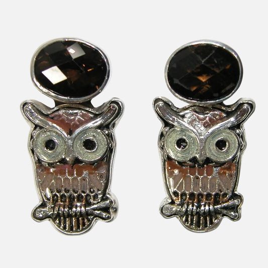 34453 Faceted Smoky Topaz Enamel Owl Sterling Silver Earrings