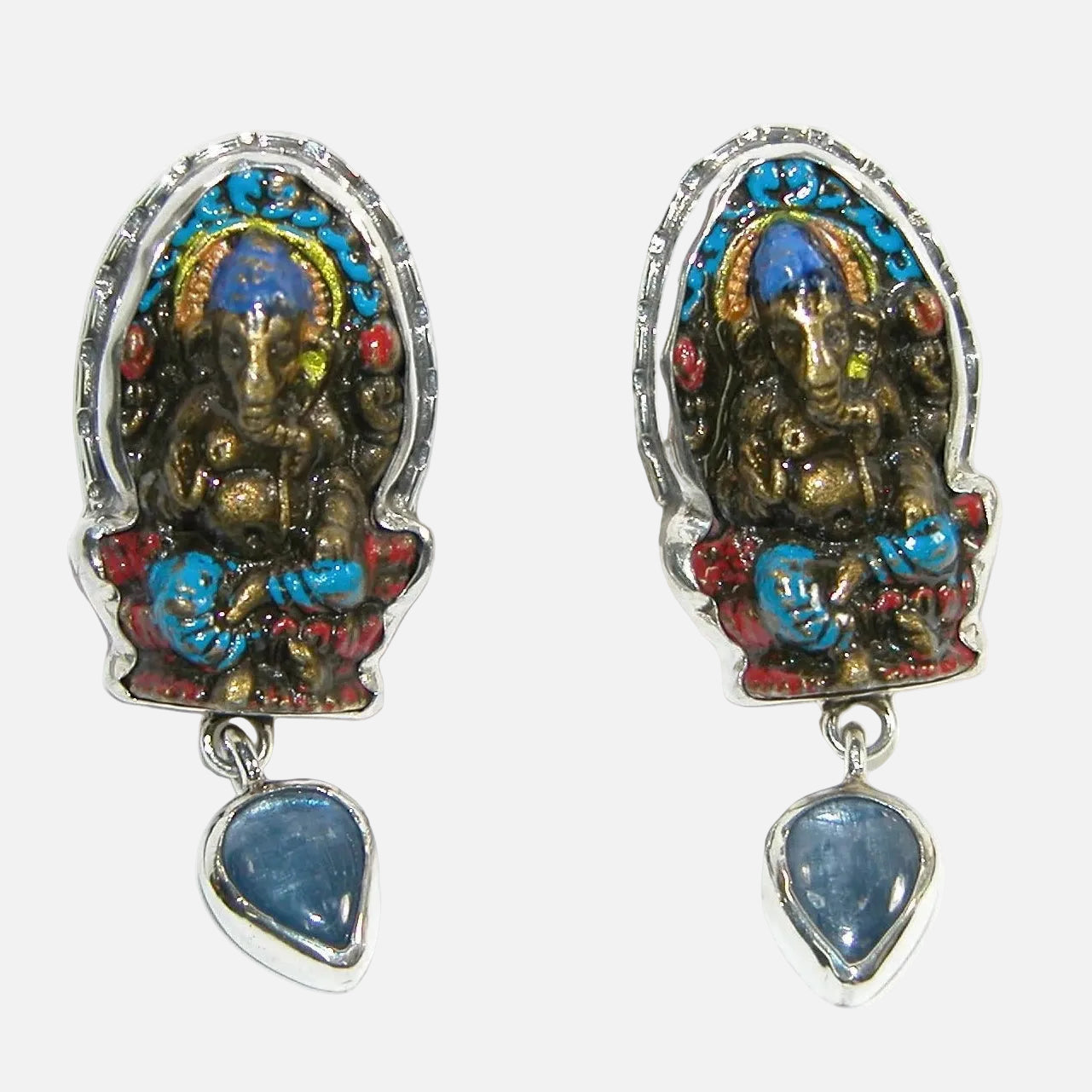 34451 Enameled Ganesh Kyanite Sterling Silver Earring