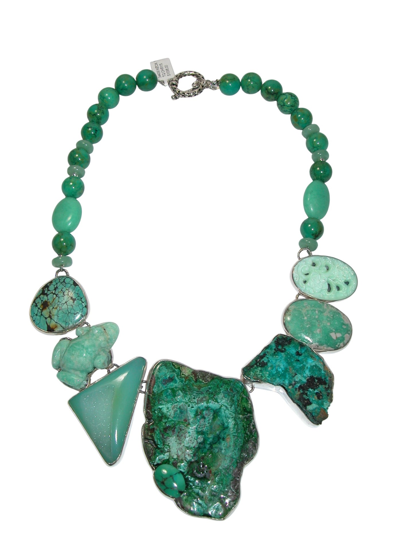34439 Carved Chrysoprase Frog, Turquoise, Druzy, Sterling Silver Necklace
