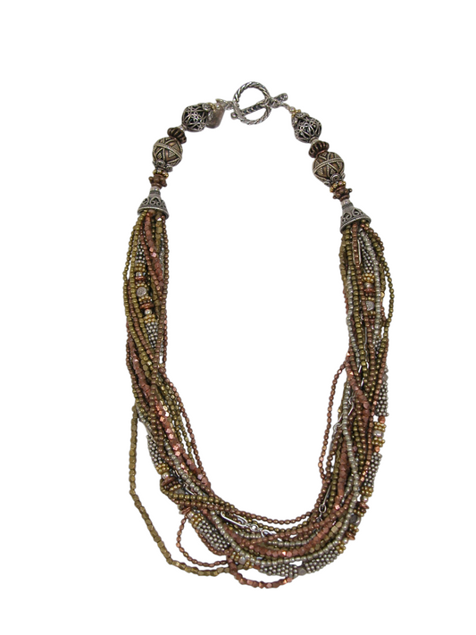 40053 Tri color Multi Strand Chain and Bead  Toggle Necklace