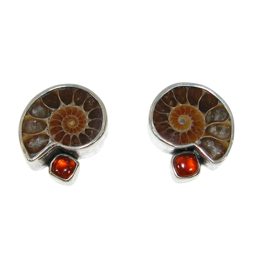 40052 Ammonite Fossil Hessonite Sterling Silver Earring