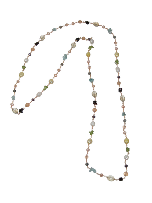 N5600 Multi Gemstone Pearl Long Jointed Necklace