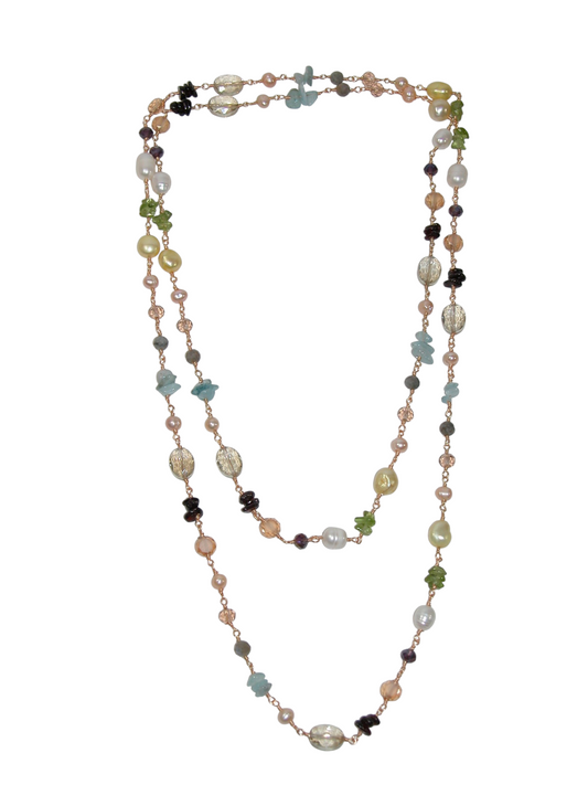 N5600 Multi Gemstone Pearl Long Jointed Necklace