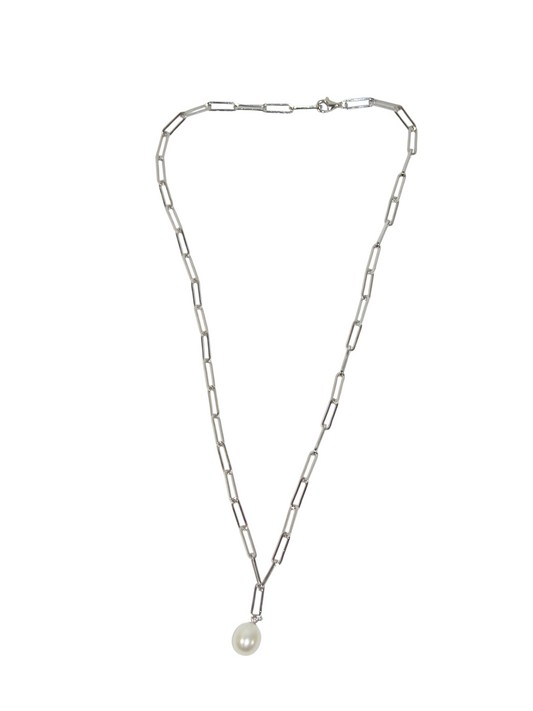 40073 Sterling Silver Paper Clip Chain Pearl Necklace
