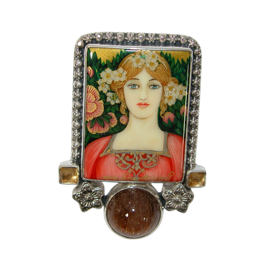 40096 Painted Miniature Rutilated Quartz, Citrine Pin and Pendant Sterling Silver
