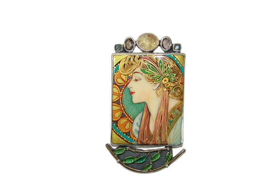 40083 Painted Mucha Miniature Rutilated Quartz, Blue Topaz Pin and Pendant Sterling Silver Pin Pendant