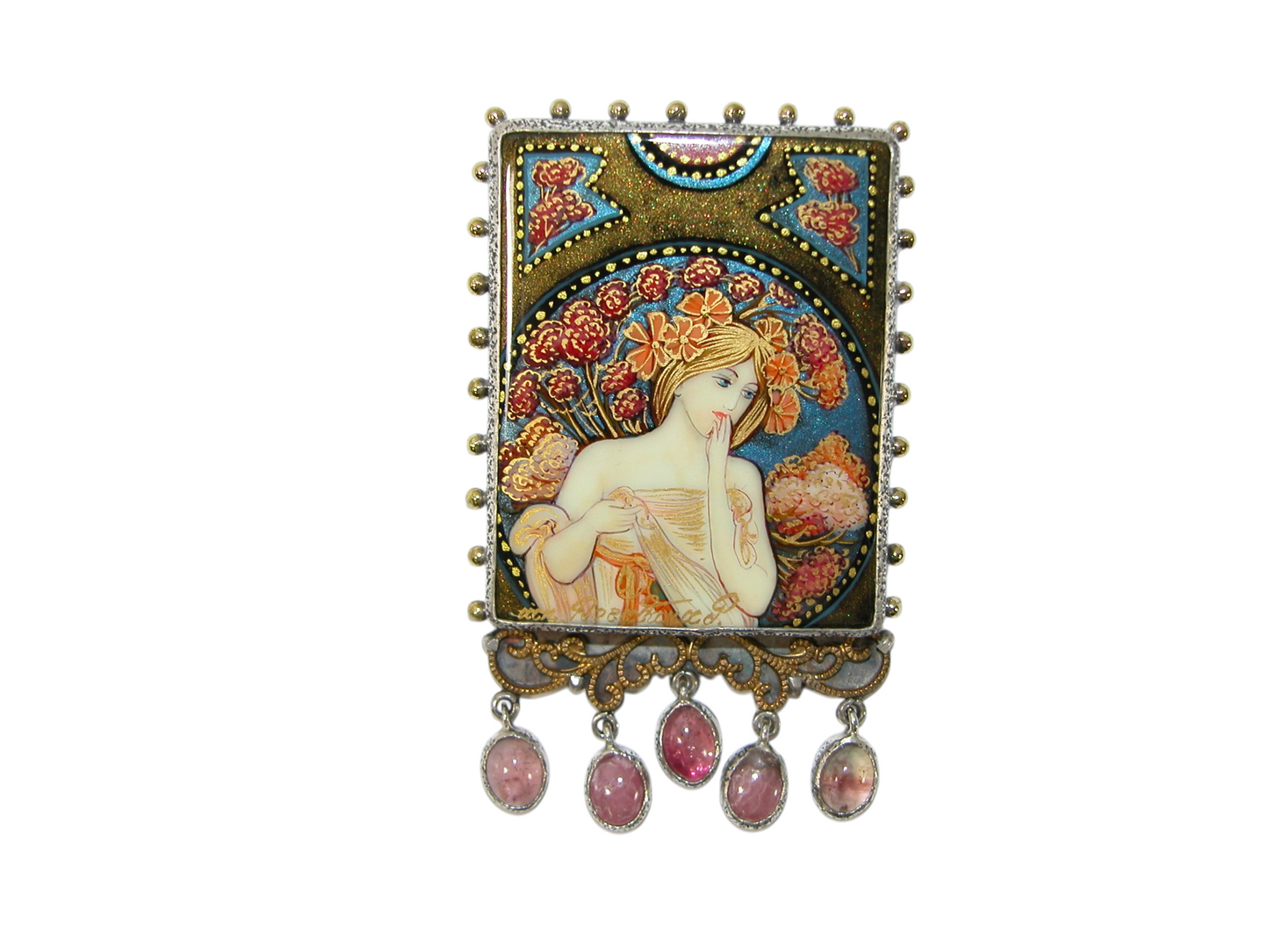 40086 Painted Mucha Miniature Quartz Pin and Pendant Sterling Silver