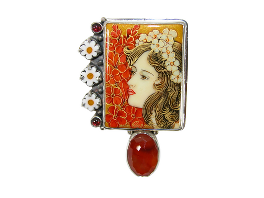 40087 Painted Mucha Miniature Carnelian Pin and Pendant Sterling Silver