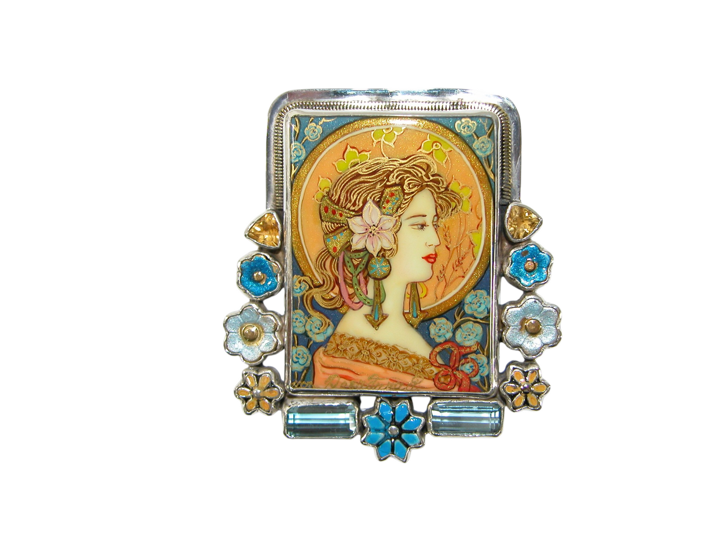 40078 Painted Mucha Miniature Citrine Pin and Pendant Sterling Silver