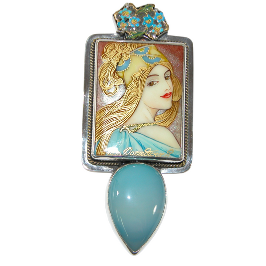 40084 Painted Mucha Miniature Citrine Pin and Pendant Sterling Silver