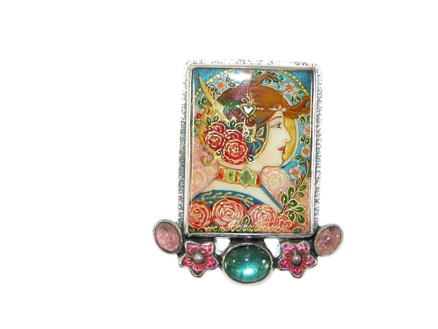 40077 Painted Mucha Miniature Quartz Pin and Pendant Sterling Silver