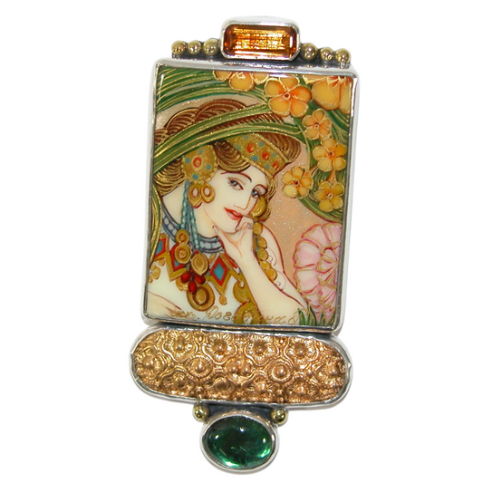 40093 Painted Mucha Miniature Quartz Pin and Pendant Sterling Silver