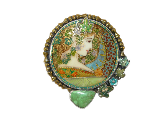 40091 Hand Painted Lady Mucha, Gaspeite Pin and Pendant Sterling Silver