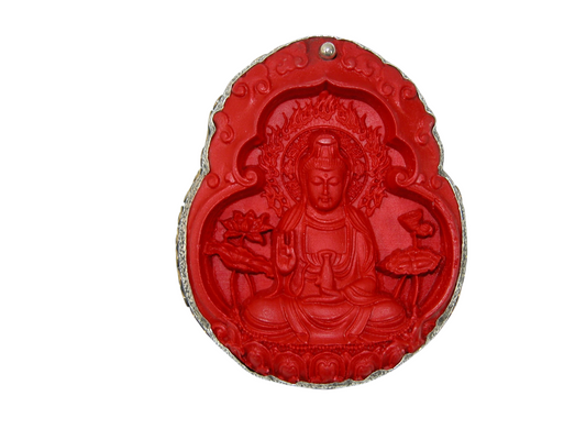40094 Carved Cinnabar Quan Yin Sterling Silver Pin and pendant